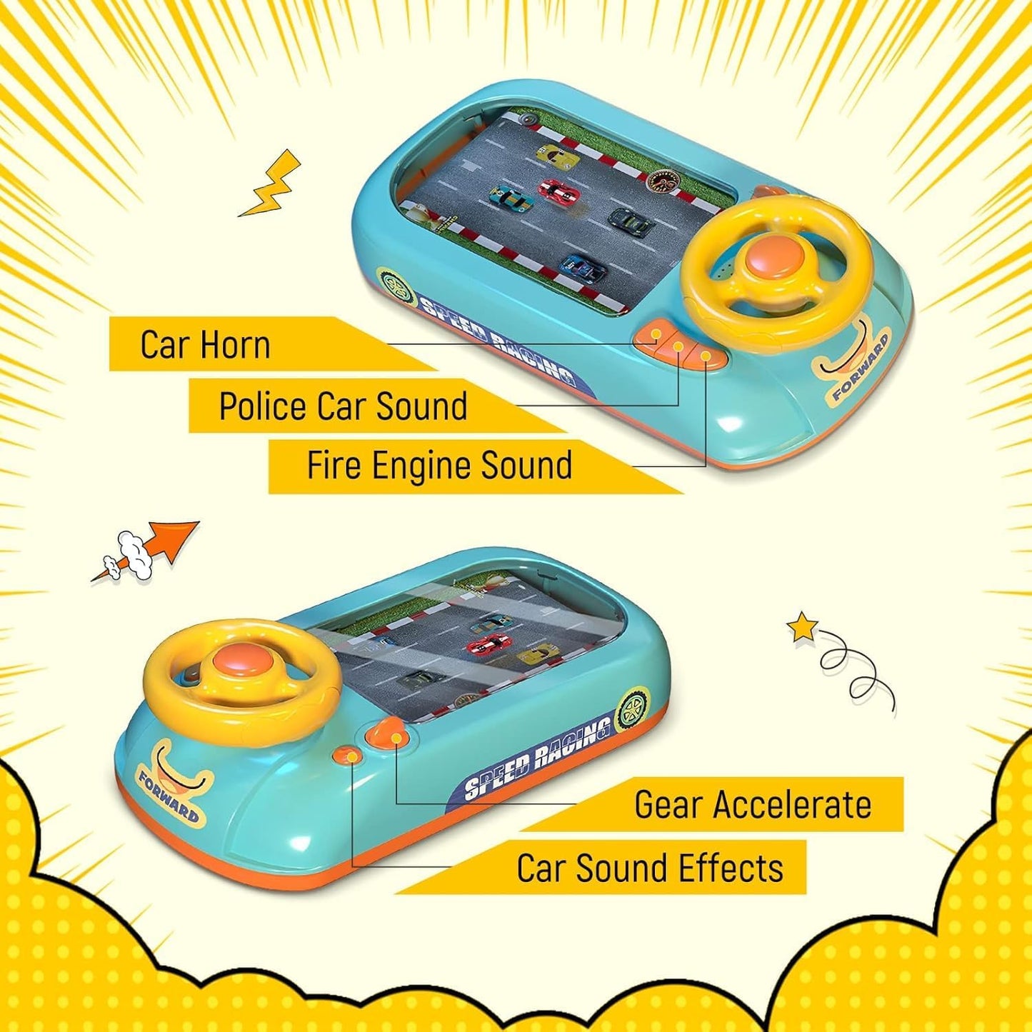 TOY GARDEN Car Racing Adventure Steering Wheel for Kids Lights, Music & Sounds Interactive Driving Simulator Educational Pretend Play for Boys & Girls Ages 3 and Up (YELLOW-STEERING)