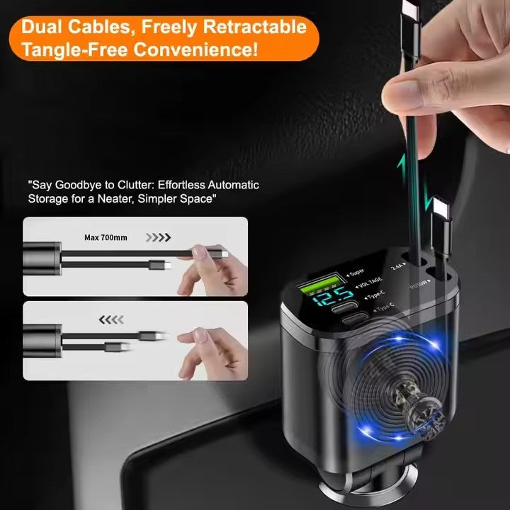 Custom Logo 5 in 1 Super Fast Charging Dual Pull Out 12 24V Output TYPE C PD Retractable Car Charger with QC 3.0 Function
