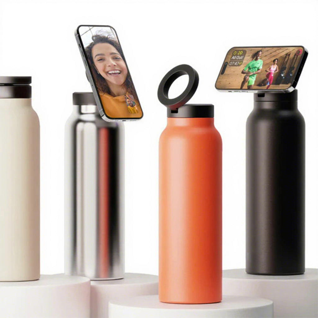 24oz Magnetic Phone Holder Vacuum Insulated Stainless Steel Sport Flask 700ml Hot/Cold Water Bottle