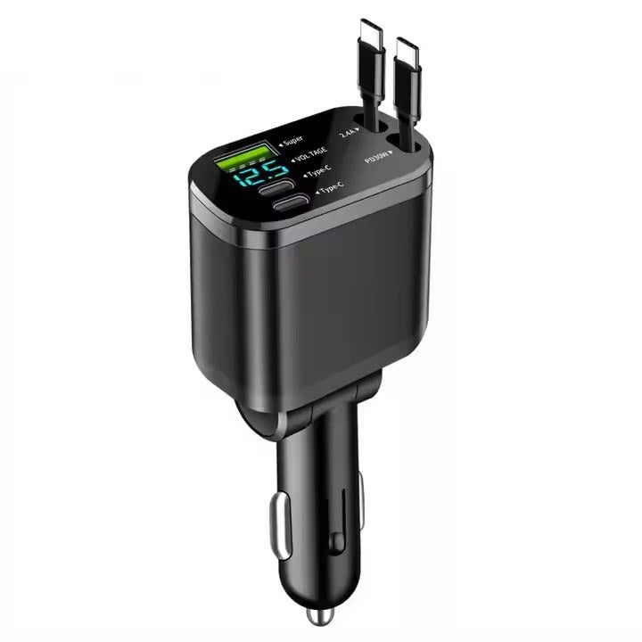 Custom Logo 5 in 1 Super Fast Charging Dual Pull Out 12 24V Output TYPE C PD Retractable Car Charger with QC 3.0 Function