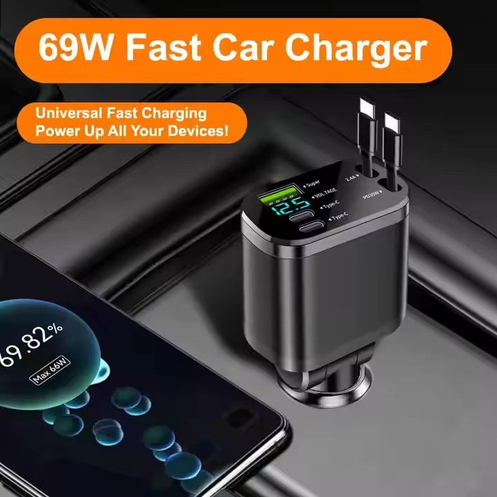 Custom Logo 5 in 1 Super Fast Charging Dual Pull Out 12 24V Output TYPE C PD Retractable Car Charger with QC 3.0 Function