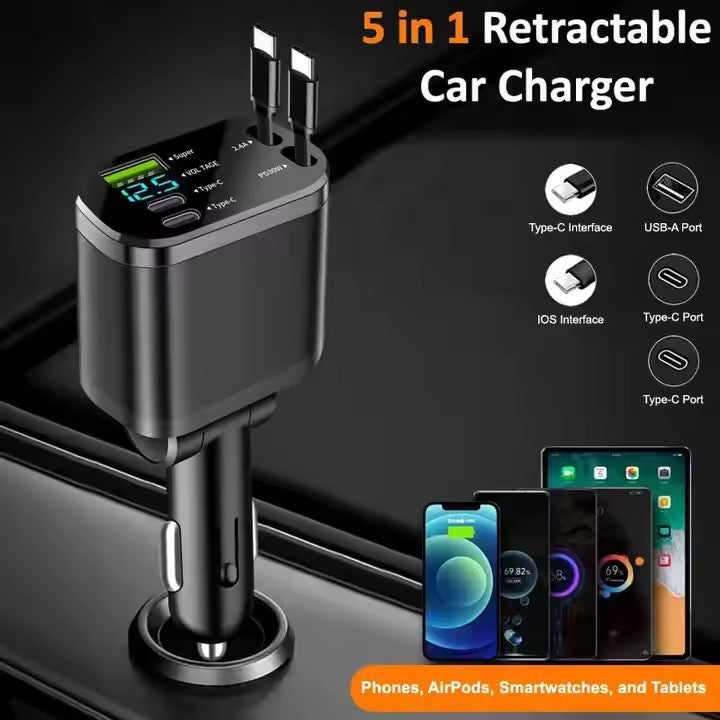 Custom Logo 5 in 1 Super Fast Charging Dual Pull Out 12 24V Output TYPE C PD Retractable Car Charger with QC 3.0 Function